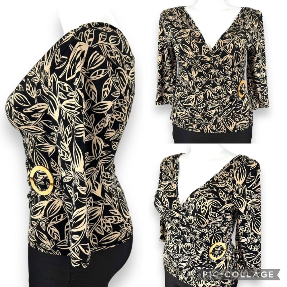 George Womens Blouse Top Faux Wrap V Neck Stretch Pullover Cream Black Large